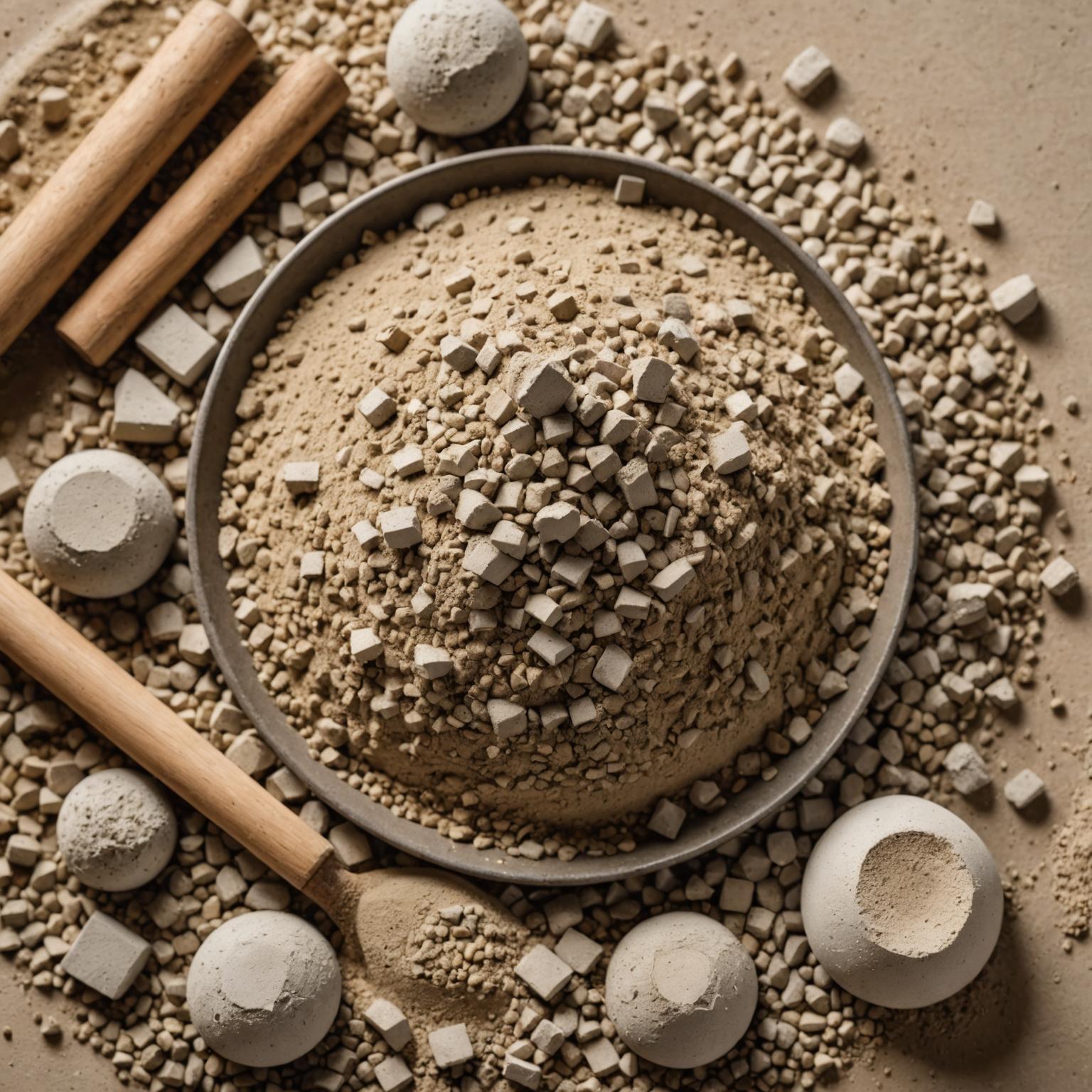 Cement powder alongside coarse aggregate and sand used in concrete production