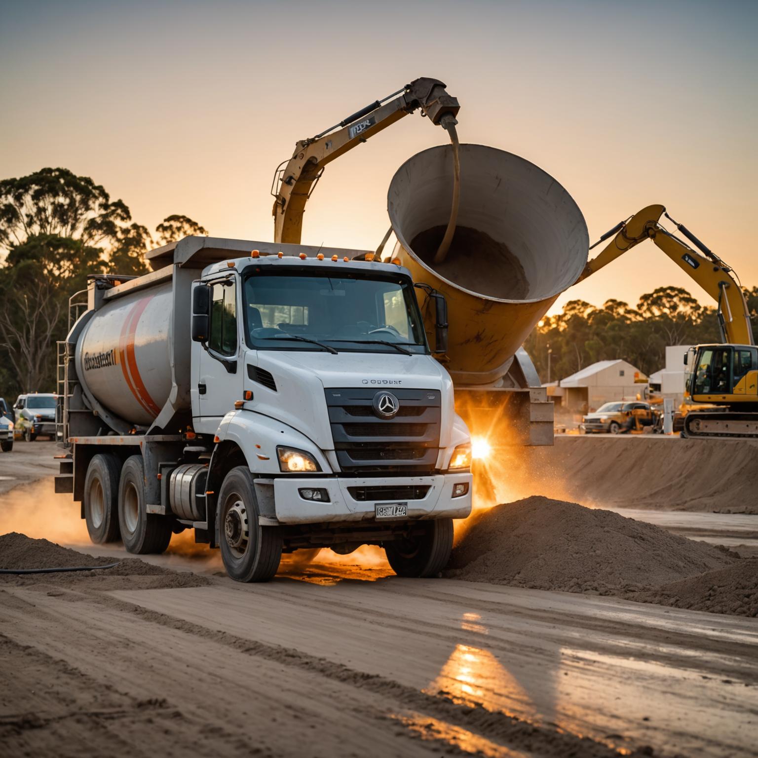 Fresh concrete being poured on a Brisbane construction site at sunrise