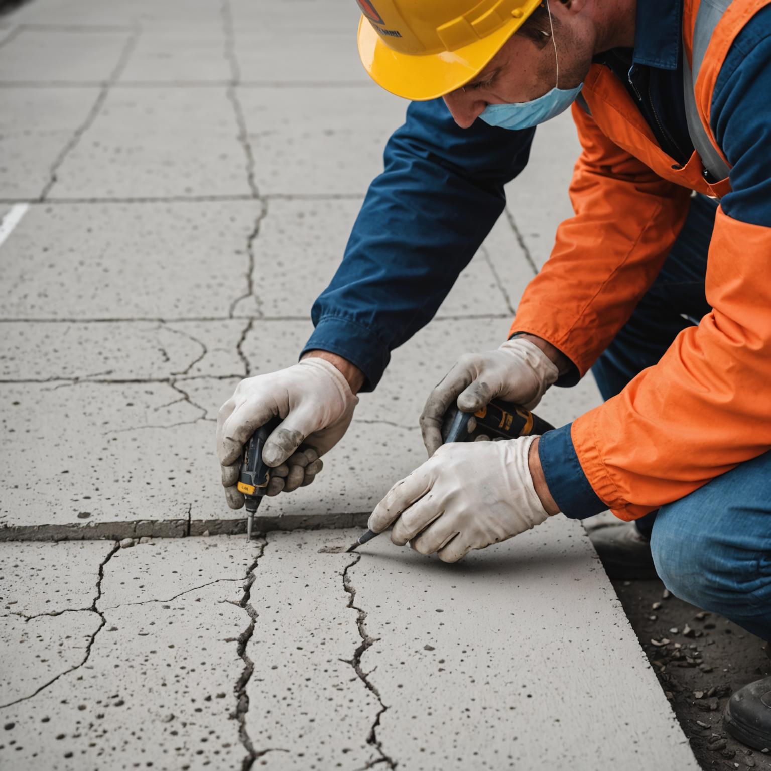 Close-up of a hairline crack on a concrete slab surface