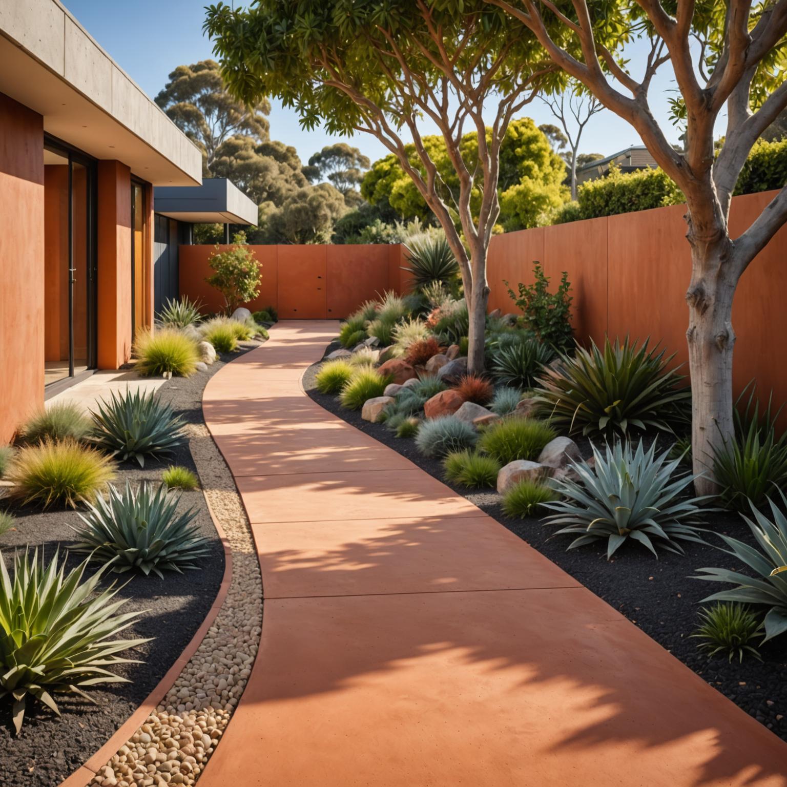 Coloured concrete pathway with oxide tint